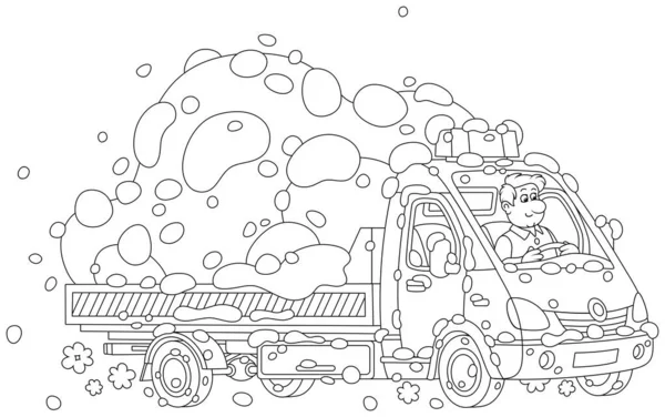 Funny driver in a small truck carrying a big heap of snow from winter streets of a town, black and white vector cartoon illustration for a coloring book page