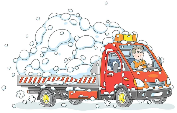 町の冬の通りから雪の大きなヒープを運ぶ小さなトラックで面白いドライバー 白い背景にベクトル漫画イラスト ストックベクター