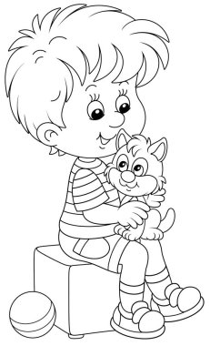Happy little boy playing with his cute kitten, black and white outline vector cartoon illustration for a coloring book page clipart