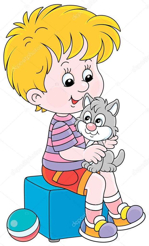 Happy little boy playing with his cute grey and white kitten, vector cartoon illustration isolated on a white background