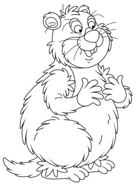 Şişko yanaklı komik dağ sıçanı arka ayakları üzerinde duruyor, bir boyama kitabı sayfası için siyah beyaz çizgili vektör çizimi çizimi