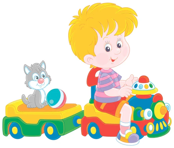 幸せな男の子遊びとともに彼のかわいい子猫と乗ってカラフルなおもちゃの電車 ベクトル漫画のイラスト白の背景に隔離された — ストックベクタ