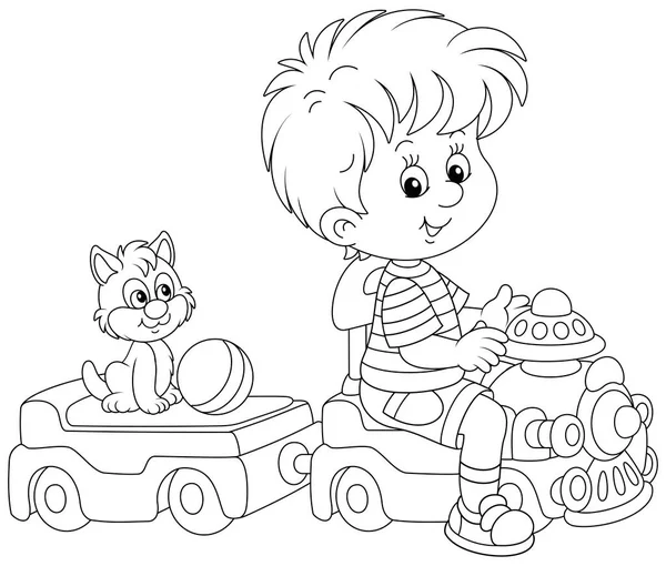 快乐的小男孩和他可爱的小猫玩耍着 骑着玩具火车在托儿所里玩耍 用黑白相间的图形勾勒出一个彩色的书页 免版税图库矢量图片