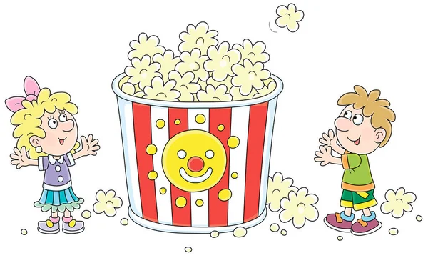 Happy Little Kids Waving Hands Joy Big Popcorn Bucket Fun — Stock Vector