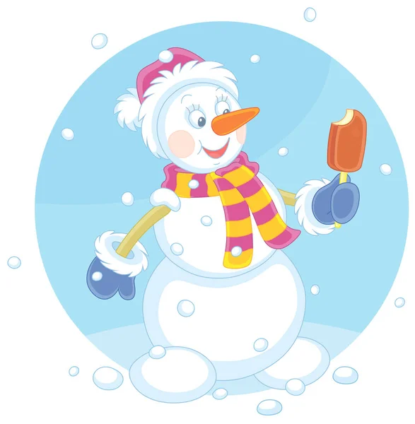 サンタの帽子をかぶったかわいい雪だるま 暖かいスカーフ 優しい笑顔をミトンし 白い背景に隔離されたスティック ベクトル漫画のイラストにチョコレートアイスクリームを保持 — ストックベクタ