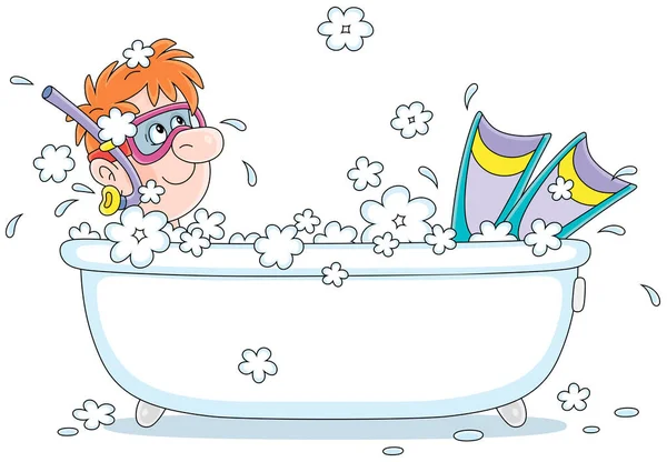 带着面具 潜水者和拖鞋的有趣男孩跳水者在泡泡浴中做梦 并计划暑假 用白色背景孤立的矢量卡通画 — 图库矢量图片
