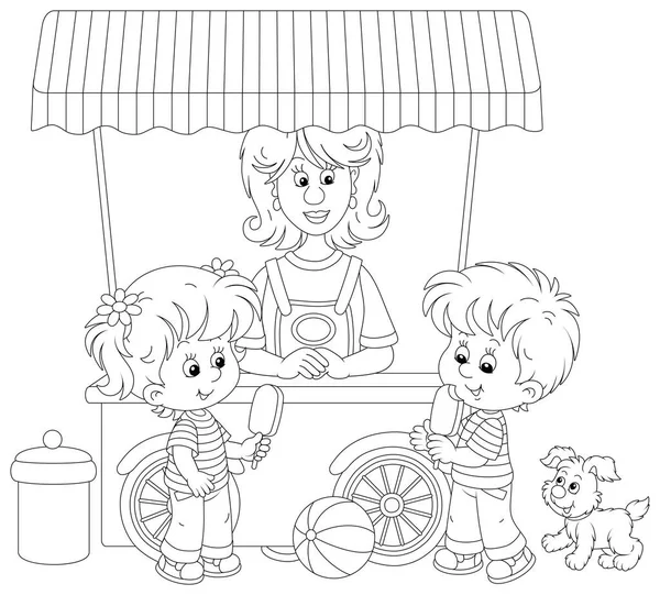 Szczęśliwe Małe Dzieci Lodami Czekoladowymi Patyku Pobliżu Ulicy Lodów Wózka — Wektor stockowy