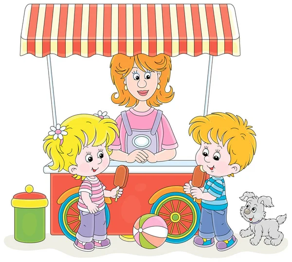 快乐的孩子们 他们在夏天的公园里 手握巧克力冰淇淋 手握棒子 站在街上的冰淇淋车旁边 笑着的女小贩 白色背景上的病媒卡通画 — 图库矢量图片