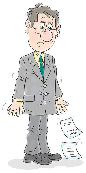Уволенный, несчастный и грустный человек с падающими документами после несправедливого увольнения, векторная карикатура на белом фоне