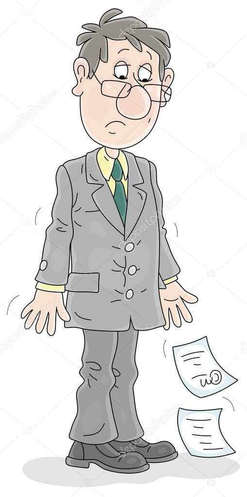 Dismissed, unlucky and sad man with falling documents after unfair dismissal, vector cartoon illustration on a white background