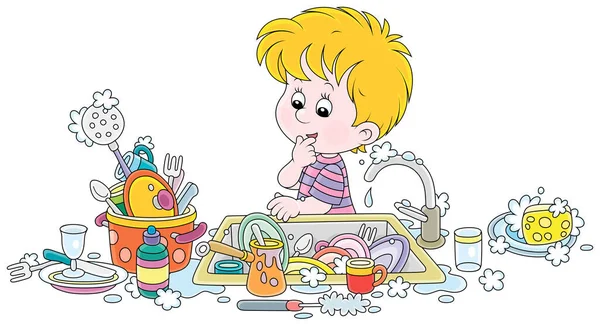 家で夕食後の台所の流しで皿 フォーク スプーンを洗うつもりの小さな男の子 白い背景に隔離されたベクトル漫画のイラスト — ストックベクタ