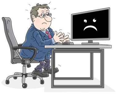 İş yerindeki işadamı, internet bağlantısı olmayan bir ofiste üzgün bir ifadeyle bilgisayar monitörüne bakıyor. Beyaz bir arkaplanda izole edilmiş vektör karikatür çizimi.