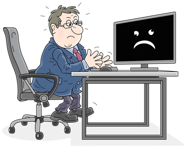 在一个没有网络连接的办公室里 一个工作场所的商人看着一台带着悲伤情绪的电脑显示器 那是一幅白色背景下孤立的矢量漫画 — 图库矢量图片