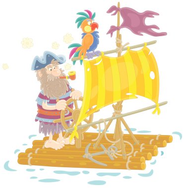 Lonely sea rover floating on a wooden raft with a steering wheel, a shabby sail and a tattered flag after shipwreck, vector cartoon illustration isolated on a white background clipart