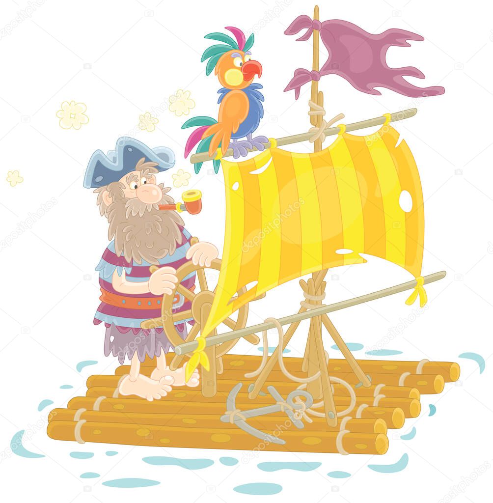 Lonely sea rover floating on a wooden raft with a steering wheel, a shabby sail and a tattered flag after shipwreck, vector cartoon illustration isolated on a white background