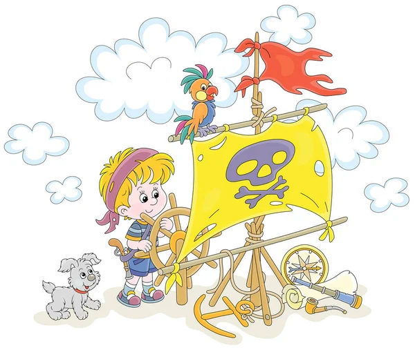 ハッピー小さな男の子と彼の子犬はジョリー ロジャーと帆で海の海賊を再生し おもちゃの木製ステアリングホイール夏休みの遊び場で 白い上に隔離されたベクトル漫画のイラスト — ストックベクタ