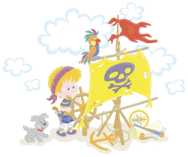 快乐的小男孩和他的小狗带着帆和玩具木制方向盘在暑假的操场上玩海盗游戏 用白色孤立的矢量卡通画 免版税图库插图