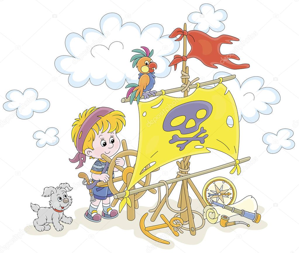 Happy little boy and his pup playing sea pirate with a sail with Jolly Roger and a toy wooden steering wheel on a playground on summer vacation, vector cartoon illustration isolated on white