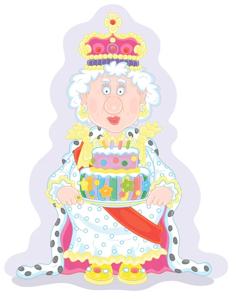 王冠の女王と王宮でのお祝いの儀式でキャンドルや甘い星で飾られた豪華な休日のケーキを保持する厳粛な王室のドレスで 白いベクトル漫画のイラスト — ストックベクタ