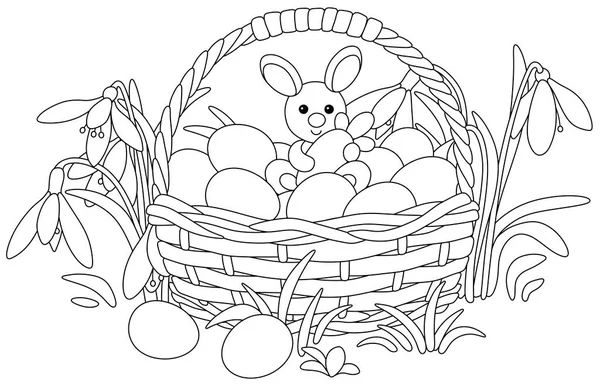 Easter Wicker Basket Painted Eggs Little Toy Bunny Spring Wildflowers — Stock Vector