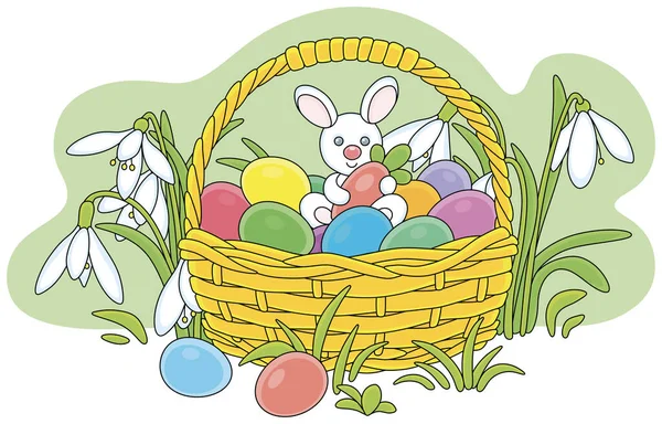 Velikonoční Proutěný Koš Barevně Malovanými Vejci Malý Králíček Mezi Bílými — Stockový vektor