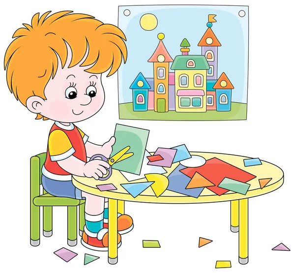 Pequeño Niño Preescolar Recortar Los Contornos Figuras Papel Color Con — Vector de stock