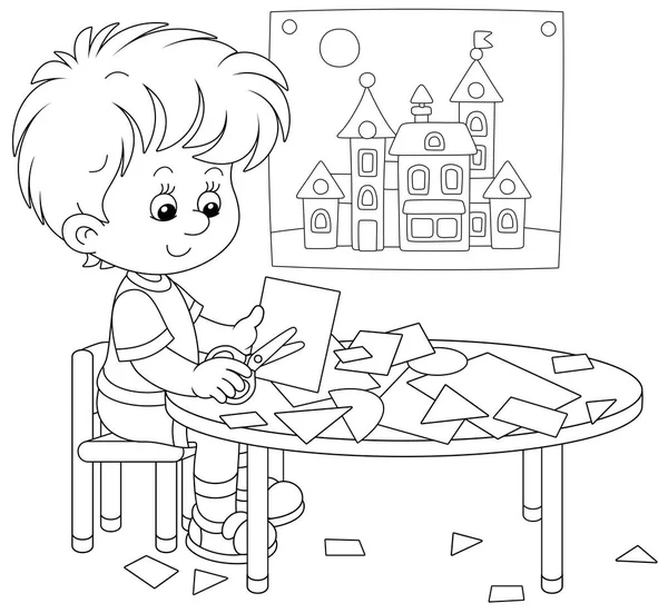 小さな就学前の子供ははさみで色の紙から輪郭や数字を切り取り かわいいおもちゃの町 黒と白のアウトラインベクトル漫画のイラストを面白い絵にする — ストックベクタ