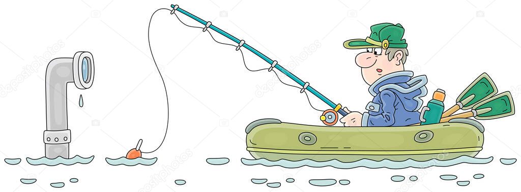 Surprised fisherman with a fishing-rod in an inflatable boat and a submarine periscope peeking out of water during a military operation, vector cartoon illustration isolated on a white background