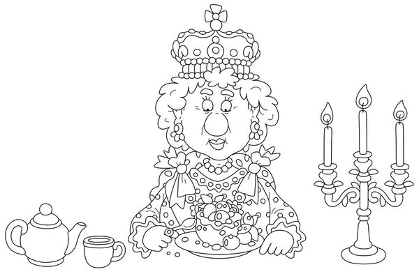 Королева в короне и в торжественном королевском платье сидит за праздничным столом с традиционным свежим и вкусным британским йоркширским пудингом с ягодами, черно-белым векторным рисунком