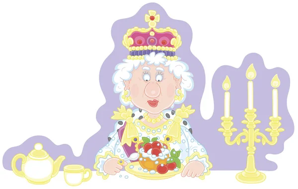 王冠の女王と厳粛な王室のドレスで彼女のお祝いのテーブルに座っている伝統的な新鮮でおいしいイギリスのヨークシャープディングとベリー 白いベクトル漫画のイラスト — ストックベクタ