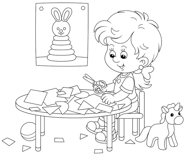 Little Preschool Girl Cutting Outlines Figures Color Paper Scissors Making — Stock Vector