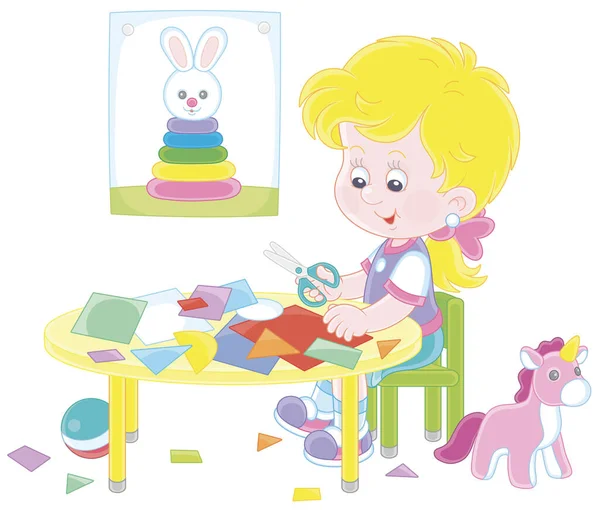 小さな就学前の女の子はさみで色の紙から輪郭や数字をカットし かわいいおもちゃのウサギの面白い画像を作る 白い背景に隔離されたベクトル漫画のイラスト — ストックベクタ