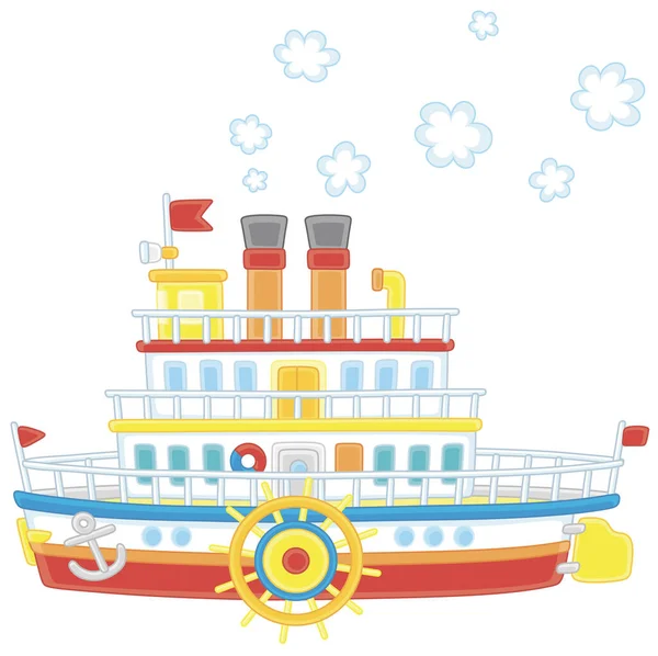 Funny Retro Paddle Passenger Steamboat Large Wheels Attached Its Sides — Stock Vector