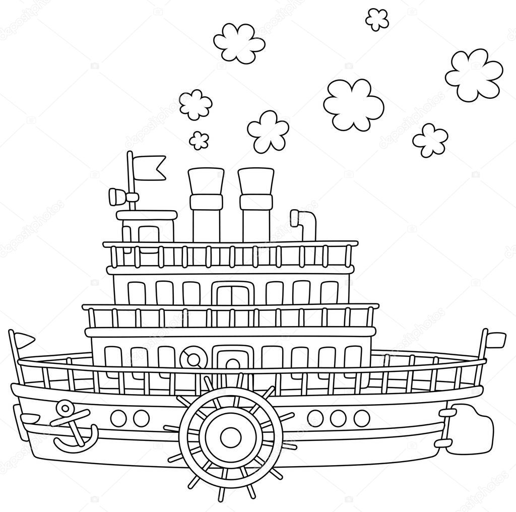Funny retro paddle passenger steamboat with large wheels attached to its sides, black and white vector cartoon illustration for a coloring book page