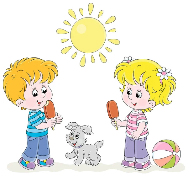 Счастливые Маленькие Дети Шоколадным Мороженым Ходить Солнечный Летний День Векторные — стоковый вектор