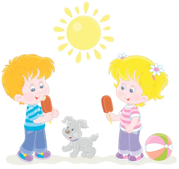 Niños Felices Con Helado Chocolate Caminando Día Soleado Verano Ilustración Ilustración de stock