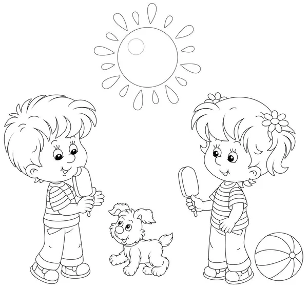 晴れた夏の日にチョコレートアイスクリームを歩くと幸せな小さな子供たち 黒と白のアウトラインベクトル漫画のイラスト着色本のページのために ロイヤリティフリーストックベクター