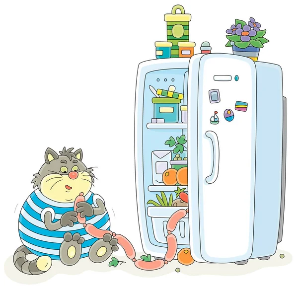有趣的肥猫 在家里的冰箱里用食物过滤美味的腊肠 白色背景上的病媒卡通画 免版税图库插图
