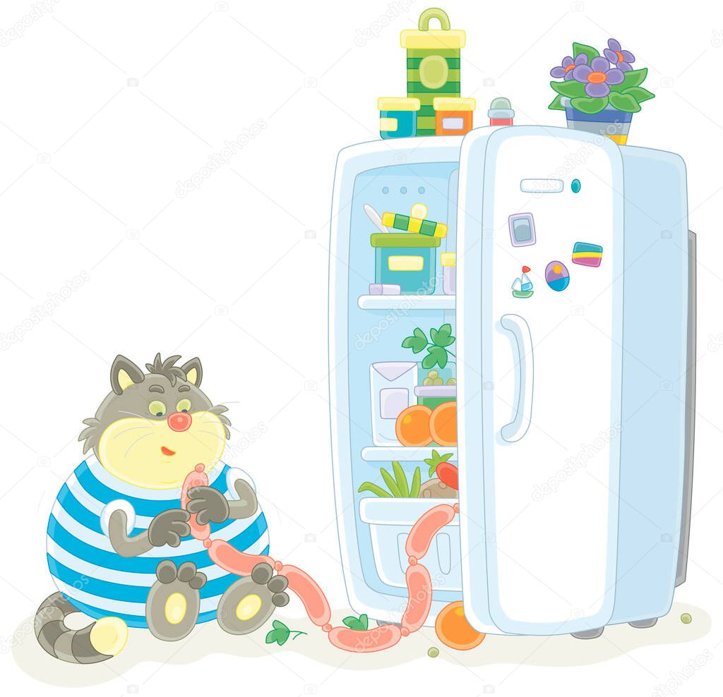 Funny fat cat glutton filching tasty sausages from a home fridge with foods, vector cartoon illustration isolated on a white background
