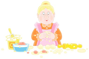 Granny cooking traditional homemade dumplings with dough and minced meat for a home celebration, vector cartoon illustration isolated on a white background clipart