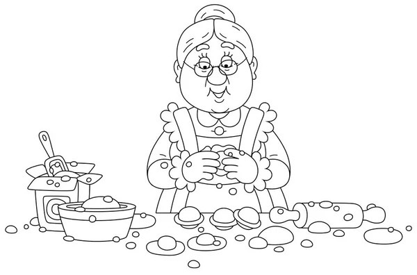 家庭のお祝いのための生地とミンチ肉とおばあちゃんの料理伝統的な手作り餃子 着色本のページのための黒と白のアウトラインベクトル漫画のイラスト — ストックベクタ