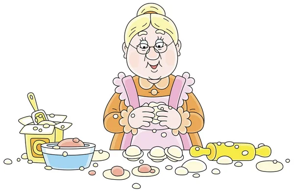Mormor Matlagning Traditionella Hemmagjorda Dumplings Med Deg Och Malet Kött Vektorgrafik