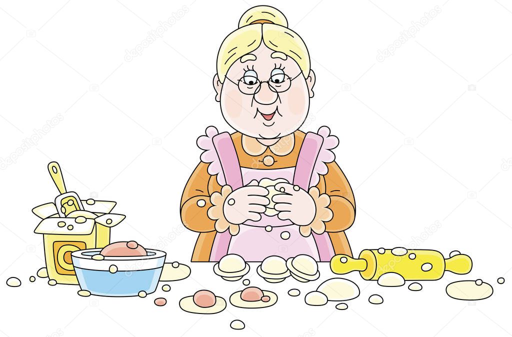 Granny cooking traditional homemade dumplings with dough and minced meat for a home celebration, vector cartoon illustration isolated on a white background