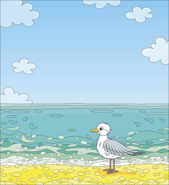 Güzel bir yaz gününde, tropikal bir adanın kumlu sahilinde martı, vektör karikatür çizimi
