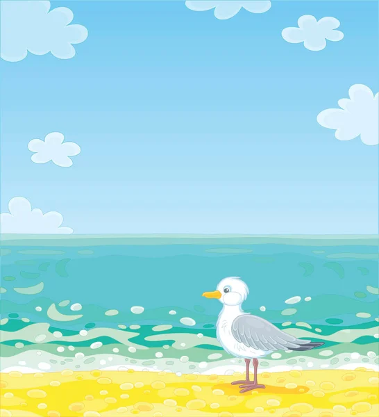 一个美丽的夏日 海鸥在一个热带岛屿的沙滩上 在南海 一个美丽的夏日 病媒卡通画 — 图库矢量图片