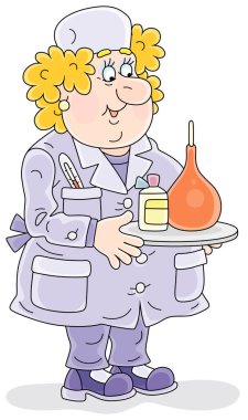 Plastik şırıngalı ve prosedür için ilacı olan bir doktorun tıbbi asistanı, beyaz arka planda izole edilmiş vektör karikatür çizimi