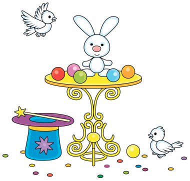 Magic wand, a hat of an illusionist, a small beautiful table, white birds and a cute little rabbit for conjuring tricks in a circus show, vector cartoon illustration isolated on a white background vector Magic wand, a hat of an illusionist, a small beautiful table, white birds and a cute little rabbit for conjuring tricks in a circus show, vector cartoon illustration isolated on a white background vector