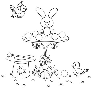 Magic wand, a hat of an illusionist, a small beautiful table, white birds and a cute little rabbit for conjuring tricks in a circus show, black and white outline vector cartoon illustration vector Magic wand, a hat of an illusionist, a small beautiful table, white birds and a cute little rabbit for conjuring tricks in a circus show, black and white outline vector cartoon illustration vector