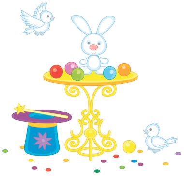 Magic wand, a hat of an illusionist, a small beautiful table, white birds and a cute little rabbit for conjuring tricks in a circus show, vector cartoon illustration isolated on a white background vector Magic wand, a hat of an illusionist, a small beautiful table, white birds and a cute little rabbit for conjuring tricks in a circus show, vector cartoon illustration isolated on a white background vector