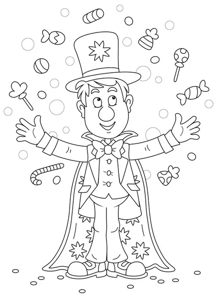 彼の神秘的な帽子と魔法のマントを持つ面白いサーカスの魔術師の幻想家は 着色本のページのための飛行お菓子 黒と白のアウトラインベクトル漫画のイラストでトリックを呼び出します — ストックベクタ